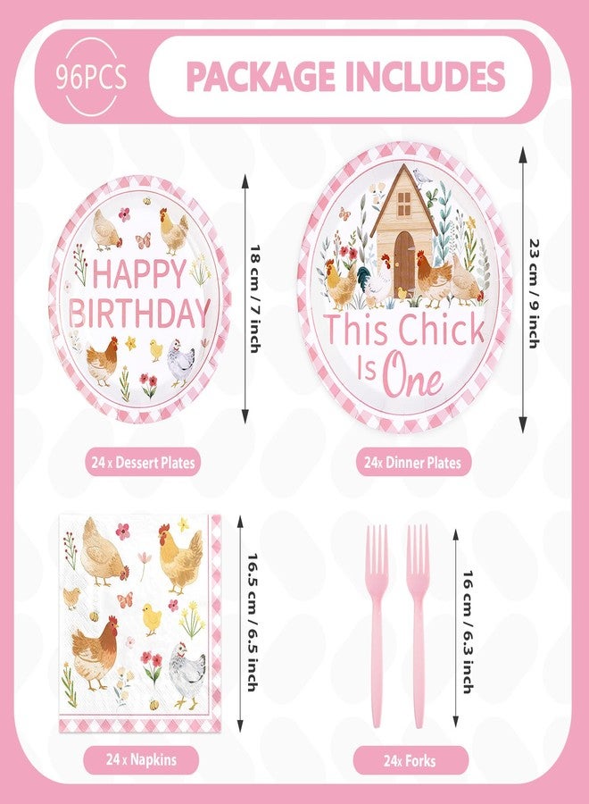 Greencian 96Pcs Chicken 1st Birthday Party Supplies This Chick Is One Party Plates and Napkins Disposable Farm Animal Barnyard Little Chick Tableware Set for Kids Baby Shower One Year Old Birthday Decor - Image 2